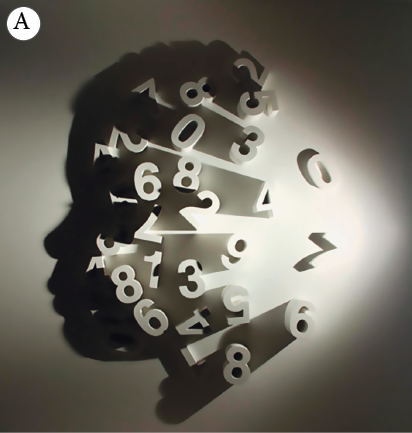 Imagem: Fotografia em preto e branco. A: sombra de perfil de um menino com números espalhados ao redor da cabeça. Fim da imagem.