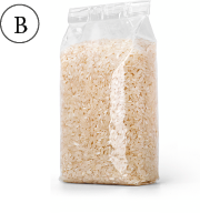 Imagem: Fotografia. B. Saco plástico com grãos de arroz. Fim da imagem.
