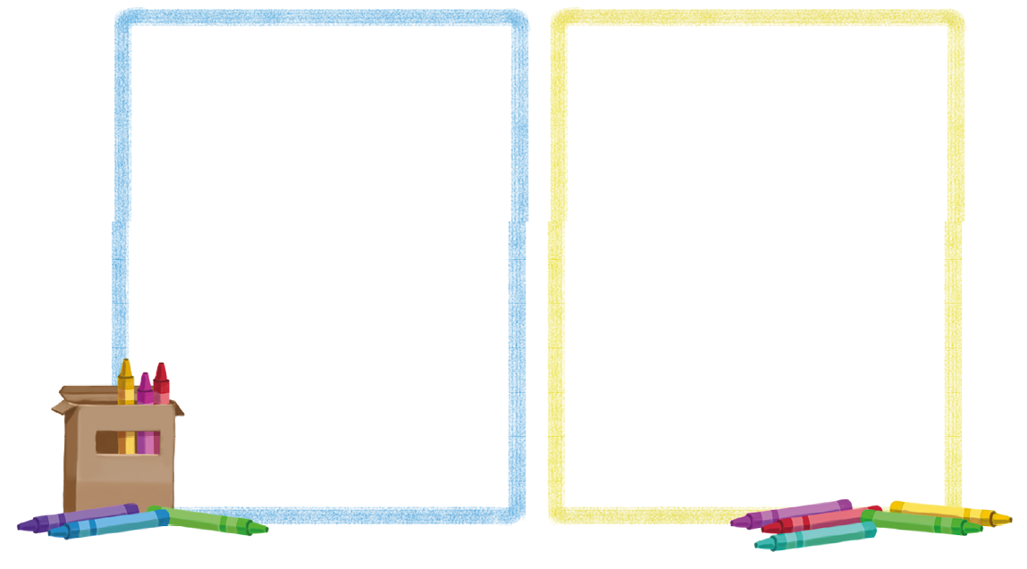 Imagem: Ilustração. Duas molduras para dois quadros em branco, uma azul e outra amarela. Decorando, uma caixa de giz de cera colorido com as cores amarelo, roxo e vermelho no interior da caixa e as cores azul, roxo, verde, amarelo e rosa espalhados. Fim da imagem.