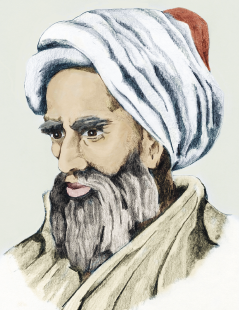 Imagem: Ilustração. Homem de turbante branco e barba longa, vestindo casaco bege. Fim da imagem.