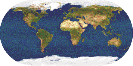 Imagem: Ilustração. Mapa mundo aberto em representação plana indicando vista por satélite apresentando as superfícies terrestre com maior área de vegetação verde em América, centro da África, Europa e Ásia. Na região norte África e sul da Ásia com menor área de vegetação. Nos extremos área branca indicando os polos sul e norte. Fim da imagem.