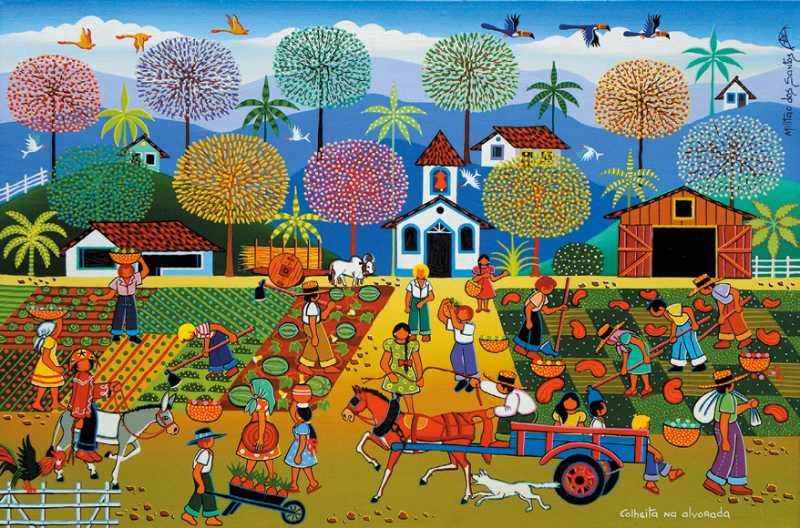 Imagem: Ilustração. Vista de campo de plantação com homens e mulheres trabalhando. Entre o campo há cavalos, boi, cachorro, charrete, carrinho de mão. Em segundo plano, casas, celeiro, igreja e árvores em campos e morros. Fim da imagem.