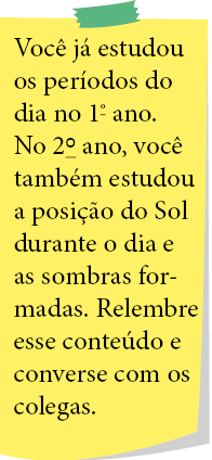 Imagem: Ilustração de um papel com o texto: Você já estudou os períodos do dia no 1º ano. No 2º ano, você também estudou a posição do Sol durante o dia e as sombras formadas. Relembre esse conteúdo e converse com os colegas. Fim da imagem.