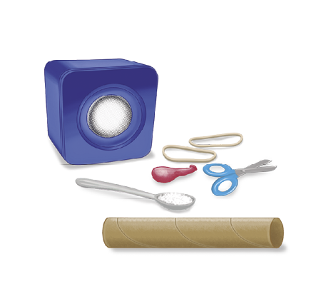 Imagem: Ilustração. Caixa de som no interior, colher com açúcar, elásticos, rolo de papelão, tesoura e elásti-cos.  Fim da imagem.