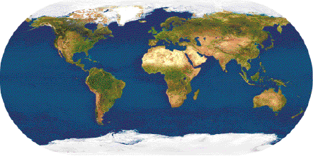 Imagem: Ilustração. Mapa mundo aberto em representação plana indicando vista por satélite apresentando as superfícies terrestre com maior área de vegetação verde em América, centro da África, Europa e Ásia. Na região norte África e sul da Ásia com menor área de vegetação. Nos extremos área branca indicando os polos sul e norte. Fim da imagem.