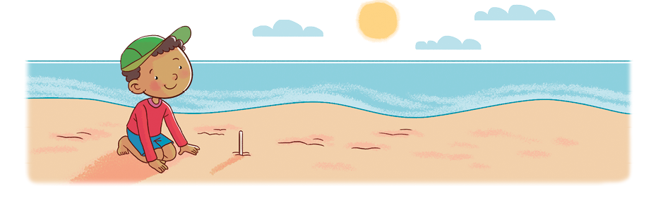 Imagem: Ilustração. Menino de cabelo curto castanho e boné verde, vestindo camiseta rosa e bermuda azul. Está sentado na areia com um palito sobre a areia, acima, o sol formando uma sombra à esquerda do palito. Fim da imagem.