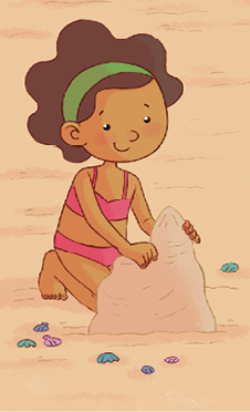 Imagem: Ilustração. Menina de cabelo cacheado castanho e faixa verde, vestindo biquíni rosa. Está montando um castelo de areia. Fim da imagem.
