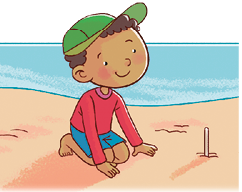 Imagem: Ilustração. Menino de cabelo curto castanho e boné verde, vestindo camiseta rosa e bermuda azul. Está sentado na areia com um palito sobre a areia. Fim da imagem.