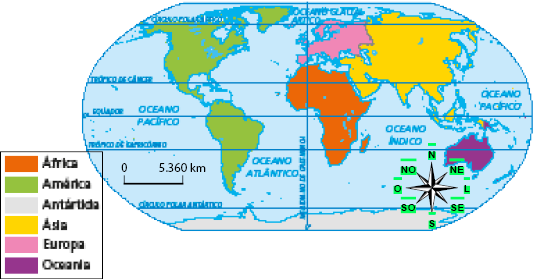Imagem: Mapa. Mapa-múndi. Mapa do mundo destacando os continentes: África; América; Antártida; Ásia; Europa; Oceania. No canto inferior, uma rosa dos ventos indicando norte, nordeste, leste, sudeste, sul, sudoeste, oeste e noroeste. Abaixo, escala de 0 a 3380 km. Fim da imagem.