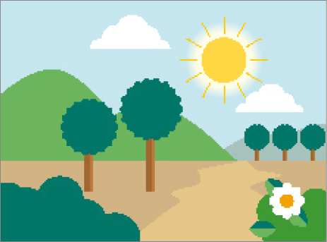 Imagem: Ilustração. Campo com árvores redondas, flores e montanhas. No centro da imagem, um sol com raios de luz. Fim da imagem.