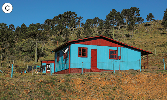 Imagem: C: Vista frontal de casa de madeira azul com telhado, janelas e portas vermelhas. Fim da imagem.