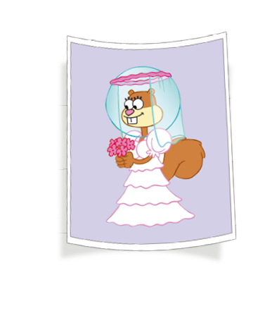 Imagem: Ilustração. Uma esquila com máscara de ar arredondada de vidro, vestindo vestido branco e segurando um buquê de flores. Fim da imagem.