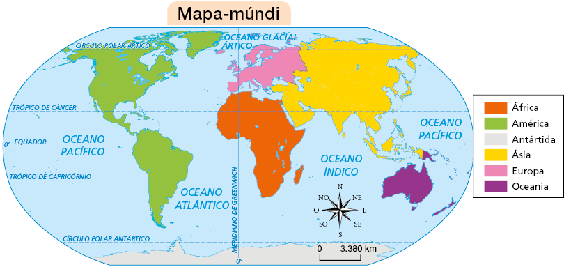 Imagem: Mapa. Mapa-múndi. Mapa do mundo destacando os continentes: África; América; Antártida; Ásia; Europa; Oceania. No canto inferior, uma rosa dos ventos indicando norte, nordeste, leste, sudeste, sul, sudoeste, oeste e noroeste. Abaixo, escala de 0 a 3380 km. Fim da imagem.