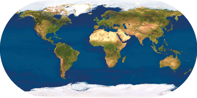 Imagem: Ilustração. Mapa mundo indicando vista por satélite apresentando as superfícies terrestre com maior área de vegetação verde em América, centro da África, Europa e Ásia. Na região norte África e sul da Ásia com menor área de vegetação. Nos extremos área branca indicando os polos sul e norte. Fim da imagem.