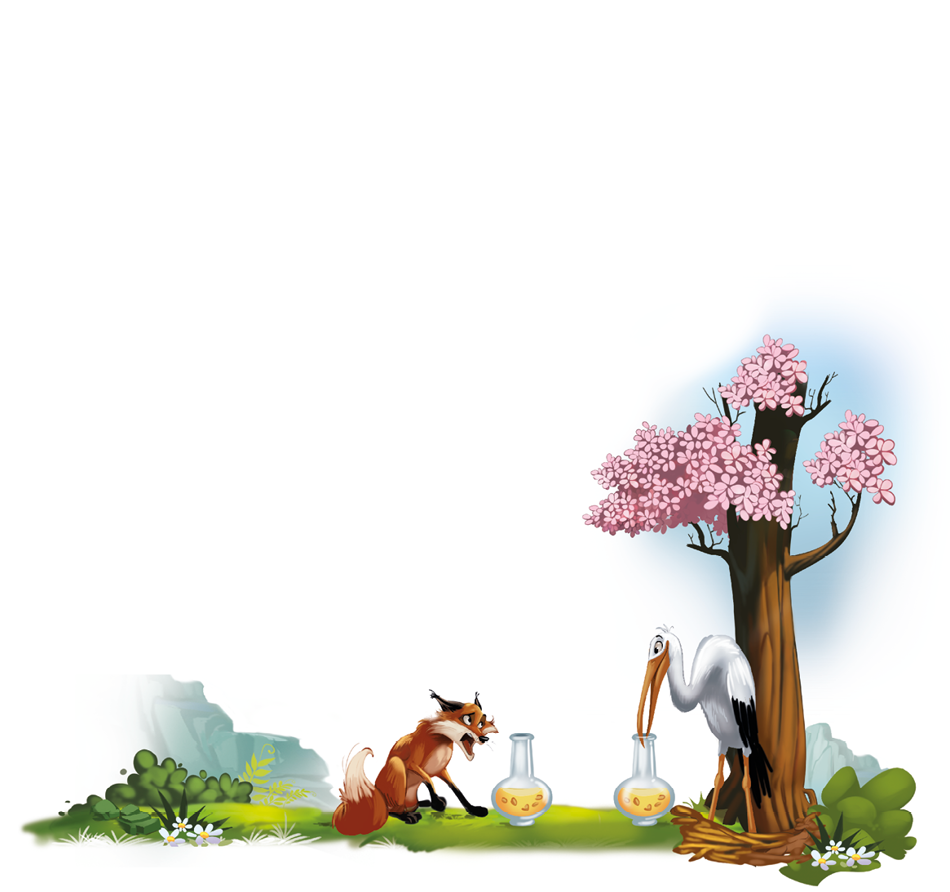 Imagem: Ilustração. Floresta aberta com uma raposa e uma garça. Estão em frente a dois tubos de ensaio com líquido amarelo borbulhante. Fim da imagem.