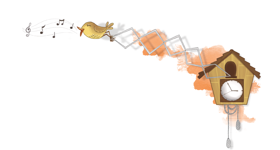 Imagem: Ilustração. Cuco de madeira com um pássaro amarelo soltando notas musicais. Fim da imagem.