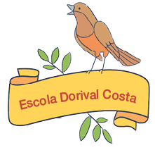 Imagem: Ilustração. Mascostes em símbolos. Faixa dizendo “escola Dorival costa” com um pássaro acima.  Fim da imagem.