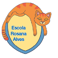 Imagem: Brasão dizendo “Escola Rosana Alves” com um gato laranja deitado. Fim da imagem.