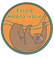 Imagem: Círculo de brasão dizendo Escola Heloísa Inácio com um bicho preguiça pendurado em um galho.  Fim da imagem.
