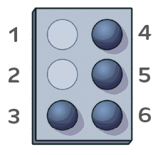 Imagem: Ilustração de cela braille. Ela é composta por seis pontos, divididos em duas colunas. A numeração é feita de cima para baixo e da esquerda para a direita. Na primeira coluna estão os pontos 1, 2 e 3. Na segunda coluna estão os pontos 4, 5 e 6. Nesta cela braille estão destacados os pontos 3, 4, 5 e 6, que representam a combinação de código de número. Fim da imagem.