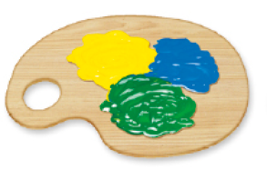 Imagem: Ilustração. Paleta de madeira com mistura de tintas em três tons: amarelo, azul e verde. Fim da imagem.