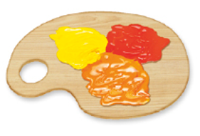 Imagem: Ilustração. Paleta de madeira com mistura de tintas em três tons: amarelo, laranja e vermelho. Fim da imagem.