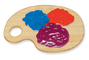 Imagem: Ilustração. Paleta de madeira com mistura de tintas em três tons: azul, vermelho e roxo. Fim da imagem.