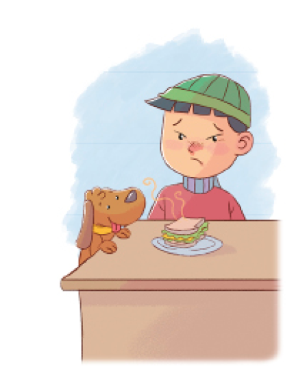 Imagem: Ilustração. Menino de cabelo curto preto e chapéu verde, vestindo camiseta vermelha. Ao lado, um cachorro apoiado na mesa, sentindo o cheio de um lanche que sai de um prato no meio da mesa. Fim da imagem.