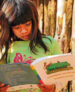 Imagem: Fotografia. Menina de cabelo longo liso castanho, vestindo camiseta verde. Está lendo um livro. Fim da imagem.