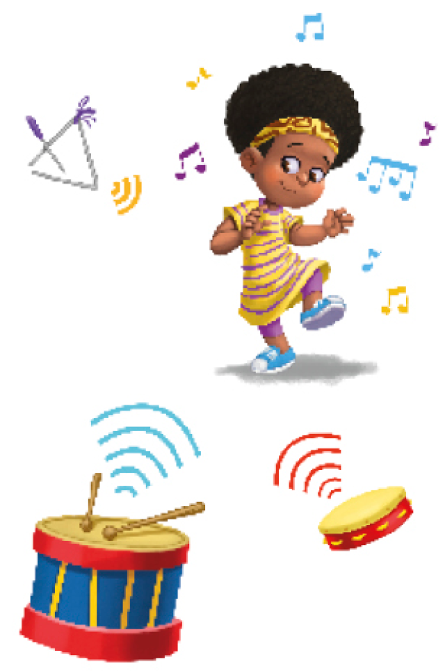 Imagem: Ilustração. Menina de cabelo cacheado preto com faixa amarela. Veste camiseta amarela e calça roxa. Está cercada por notas musicais e instrumentos musicais emitindo sons. Fim da imagem.