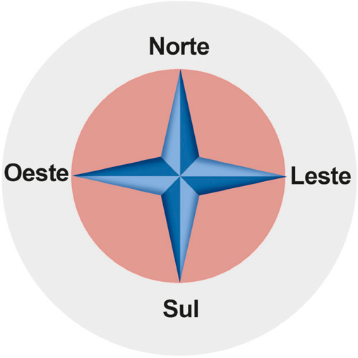 Imagem: Ilustração. Rosa dos ventos indicando norte, sul, leste e oeste. Fim da imagem.