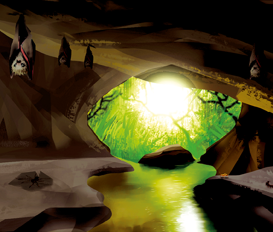Imagem: Ilustração. Caverna com rio no interior. No teto há morcegos pendurados. Fim da imagem.