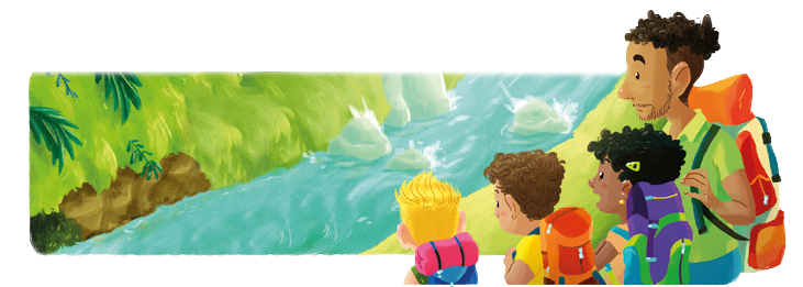 Imagem: Ilustração. Crianças com mochilas nas costas, junto a um homem, estão observando um rio com manchas esverdeadas sobre a água. Fim da imagem.
