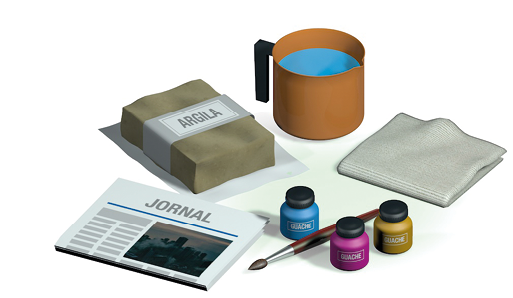 Imagem: Ilustração. Materiais espalhados: jarra de água, argila, tecido, folhas de jornal, tintas coloridas e pincel.  Fim da imagem.