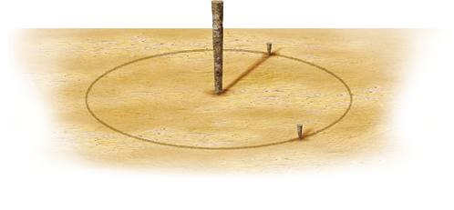 Imagem: Ilustração. Gnômon formado por círculo sobre areia com dois pontos. No centro do círculo há um pedaço de madeira disposto em pé. Fim da imagem.