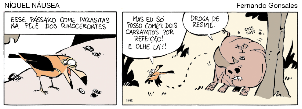 Imagem: Quadrinho. História em quadrinho com dois quadros. Pássaro laranja com asa preta. Rinoceronte marrom. Quadro 1: Pássaro comendo bichos pequenos pretos no chão. Acima, o texto “esse pássaro come parasitas na pele dos rinocerontes”. Quadro 2: Pássaro diz para o rinoceronte, “mas eu só posso comer dois carrapatos por refeição! E olhe lá!!”. Rinoceronte responde “droga de regime!”. Fim da imagem.