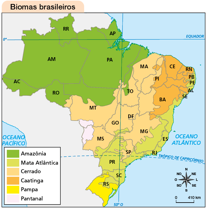 Imagem: Mapa. Biomas brasileiros. Biomas destacados informando as regiões que possuem em total ou parcial parte. Amazônia: AM, AC, RR, RO, PA, AP, MT e TO. Mata Atlântica: RS, SC, PR, SP, RJ, ES, MG, MS, GO, SE, BA, AL, PE, PB, RN. Cerrado: MS, MT, GO, DF, SP, MG, TO, BA, PI, MA. Caatinga: BA, PI, CE, RN, PB, PE, AL, SE. Pampa: RS. No canto inferior direito há uma rosa dos ventos indicando norte, nordeste, leste, sudeste, sul, sudoeste, oeste, noroeste. Abaixo, escala de 0 a 410 km. Fim da imagem.