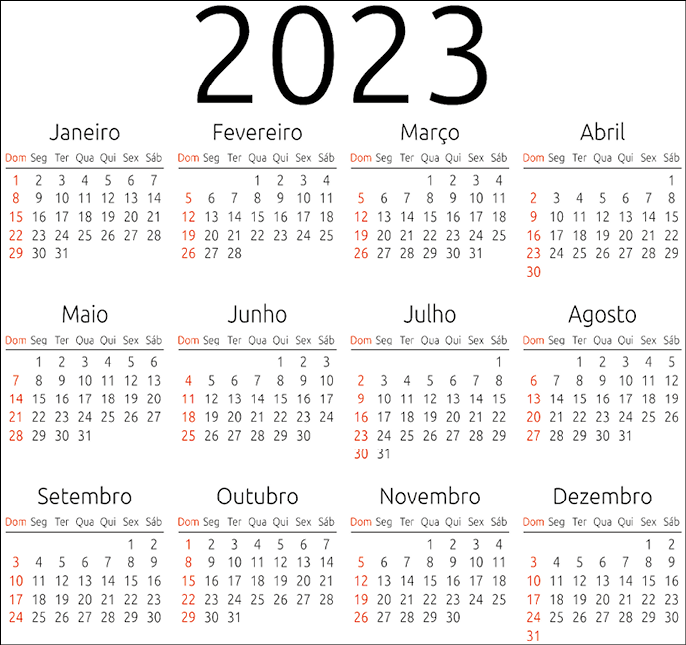 Imagem: Ilustração. Calendário de 2023 anual. Fim da imagem.