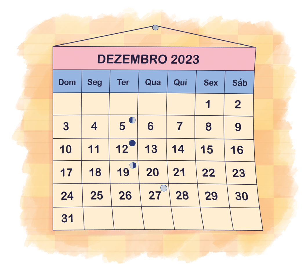 Imagem: Ilustração. Calendário do ano de dezembro de 2023. A contagem se inicia na sexta-feira e se encerra no dia 31 em um domingo. Dia 5 destaca lua minguante. Dia 12 indica lua nova. Dia 19 indica lua cheia. Dia 27 indica lua cheia. Fim da imagem.