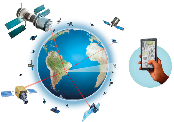 Imagem: Ilustração. Globo terrestre com satélites por toda a órbita. Quatro satélites ligam uma linha no Brasil, e ao lado, destaca um celular com mapa indicando um ponto. Fim da imagem.