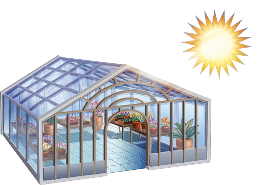 Imagem: Ilustração. Sol com raios fortes em direção a uma estufa de vidro com plantas. Fim da imagem.