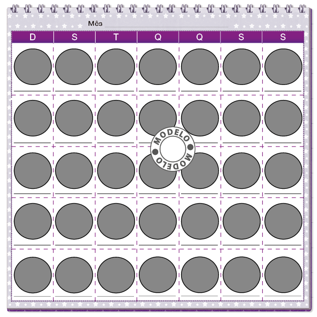 Imagem: Ilustração. Modelo de calendário com um espaço para desenho da lua. Fim da imagem.