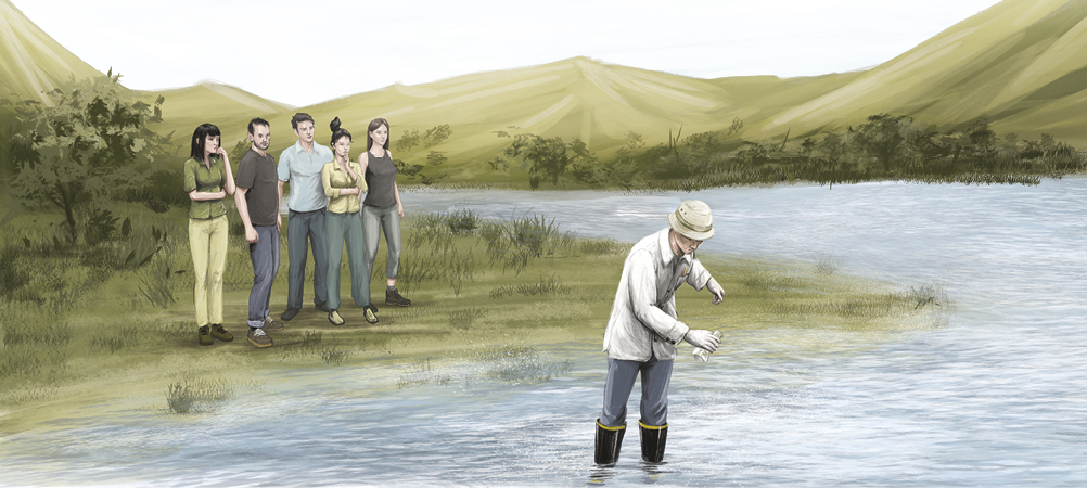 Imagem: Ilustração. Cinco jovens observam um homem de chapéu bege, vestindo jaleco branco, calça azul e botas preta. Está coletando água de um rio com um tubo de ensaio triangular. Fim da imagem.