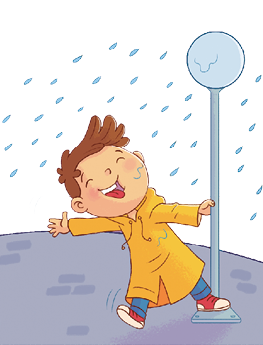 Imagem: Ilustração. Menino de cabelo curto castanho, vestindo capa de chuva amarela. Está brincando na chuva, apoiado a um poste com lâmpada arredondada. Fim da imagem.