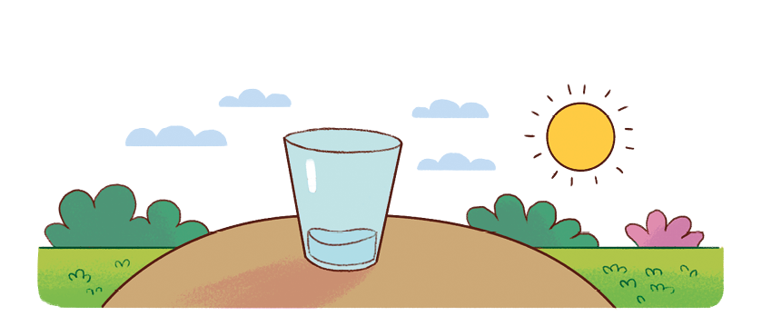 Imagem: Ilustração. Mesa com um copo de água em um gramado a céu aberto. No céu está o sol. Fim da imagem.