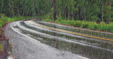 Imagem: Fotografia. Vista de pista de via dupla com vegetação e árvores nos arredores. Está chovendo. Fim da imagem.