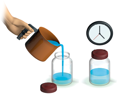 Imagem: Ilustração. Destaque de uma mão com um canecão despejando água em um pote de vidro. Ao lado, pote de água fechado com um relógio. Fim da imagem.