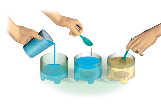 Imagem: Ilustração. Três partes inferiores de garrafas pet completas por líquido. Fim da imagem.