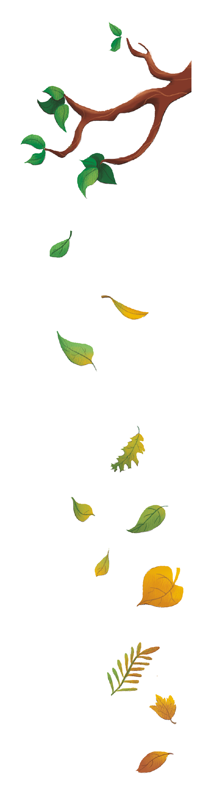Imagem: Ilustração. Árvore com folhas pequenas pretas, soltando folhas diversas em tons de verde, amarelo e laranja. Fim da imagem.