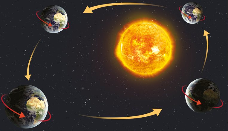 Imagem: Esquema. Ilustração do sol com o ciclo da terra em quatro etapas formando uma volta completa pelo sol e sentindo anti-horário. Também, seta indica rotação da terra em sentido anti-horário. Fim da imagem.
